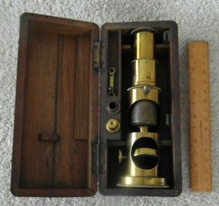 Quality Victorian Mahogany Cased Brass Antique Field Microscope photo