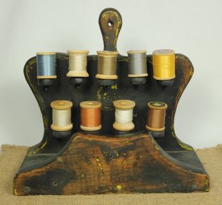 Primitive Antique Sewing Wood Thread Caddy Spool Holder Wall Hung Box Old Paint photo