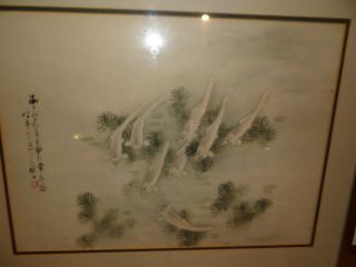 Antique Chinese Painting Fish In Pond Signed Sealed 15 