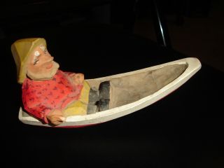 Handcrafted Folk Art Wooden Scow Boat W Captain.  Marked Henn photo