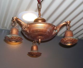 Antique Brass Hanging Chandelier - 3 - Arm - Pan Interior Ceiling Light (l291) photo