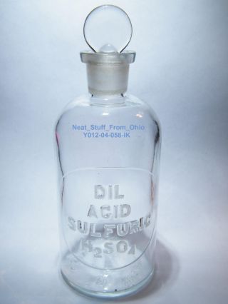 ☼→ Laboratory Bottle,  Dil Sulfuric Acid,  Glass Raised Letters - Good Condition photo
