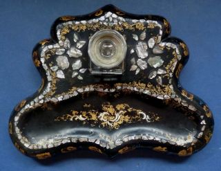 Excellent Victorian Papier - Mache Inkstand - Mother - Of - Pearl Inlay - Mid 19th Cen photo