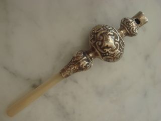 Solid Sterling Silver Hallmarked Baby Rattle With A Whistle + Mother Pearl photo