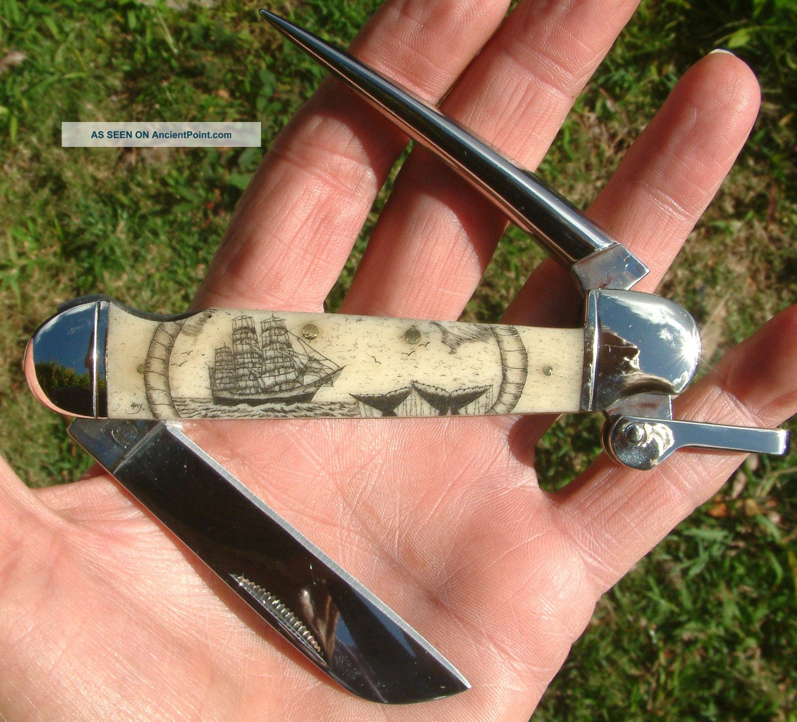 Authentic Scrimshaw,  Tall Ship,  Whale Tail,  Marlin Spike,  Mariner ' S Knife/knives Scrimshaws photo