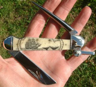 Authentic Scrimshaw,  Tall Ship,  Whale Tail,  Marlin Spike,  Mariner ' S Knife/knives photo