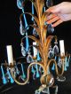 2 Italy Antique Gilt Tole Macaroni Opaline Blue Glass Prism Sconce Leaf Vintage Chandeliers, Fixtures, Sconces photo 6