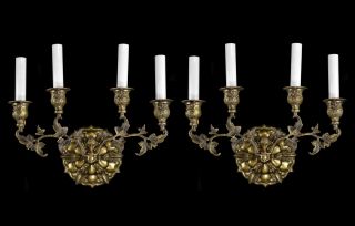 Pair Brass French Wall Sconces Lights Gold Vintage Antique Style Restored Candle photo