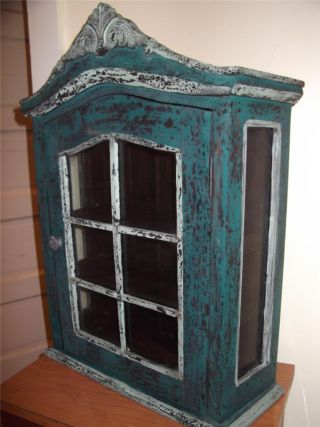 Antique Display Case Cabinet W/ Glass Sides & Door Green Paint Collectibles Wall photo
