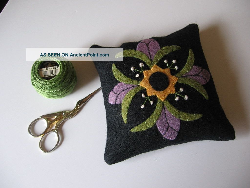 Purple Flower Wool Applique Pincushion Primitives photo