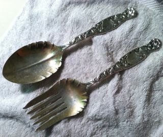 Whiting Antique Sterling Silver Heraldic Pattern 2 Piece Serving Salad Set photo