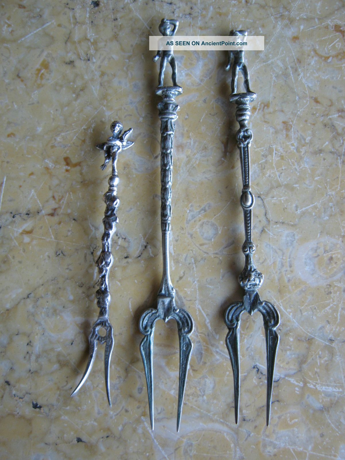 Set Of 3 Antique.  800 European Silver Meat Olive Pickle Fork Pick Silver Alloys (.800-.899) photo