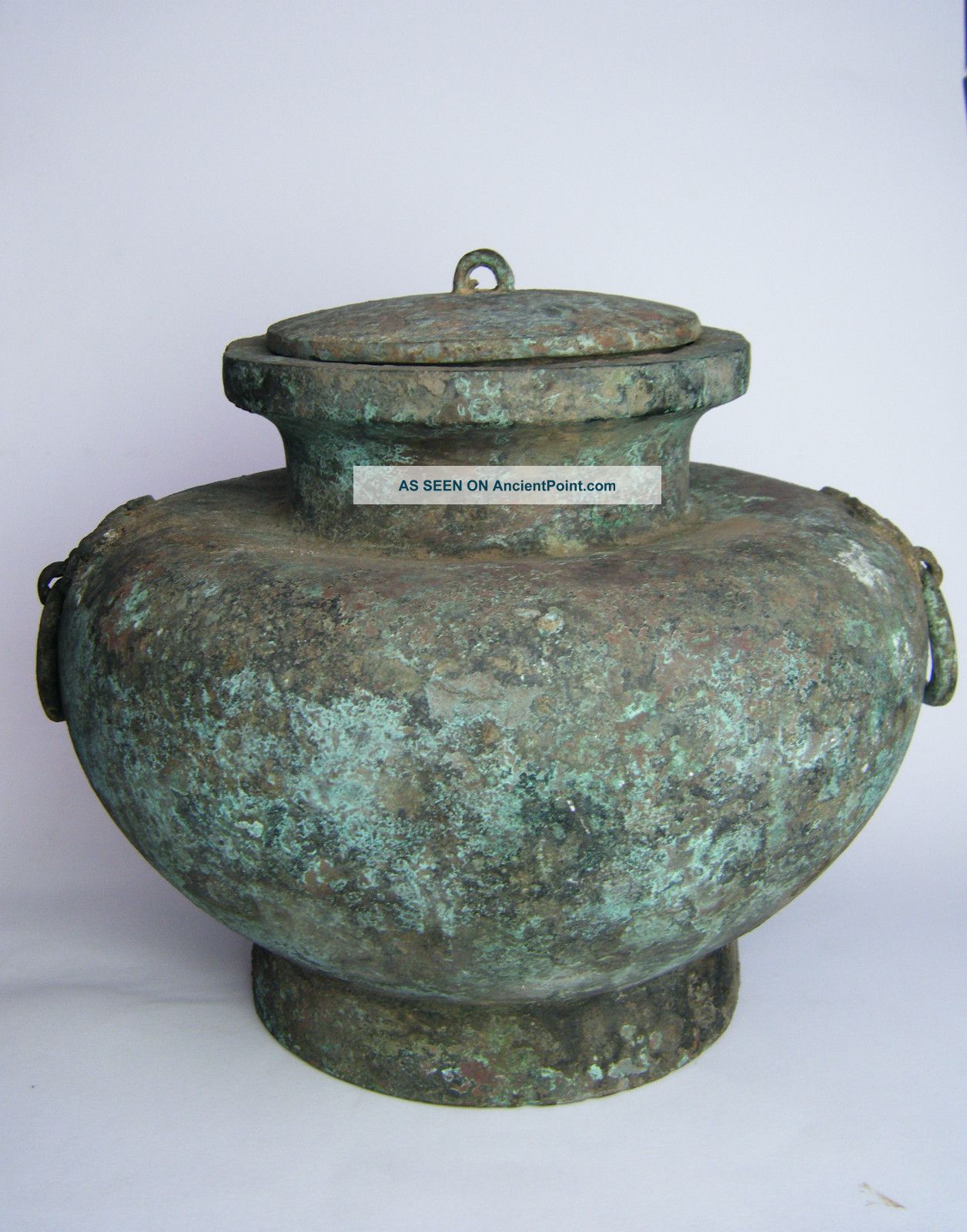 Large Chinese Bronze Squat Jar & Cover,  Taotie Mask Twin Loop Handles Chinese photo
