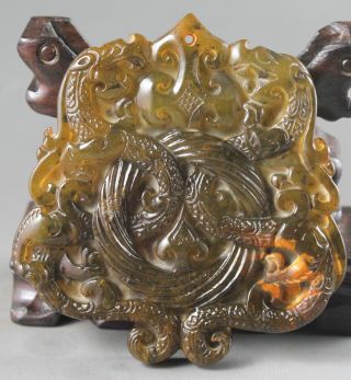 Old Chinese Hetian Jade Hand - Carved Double Dragon Design Pendant 3.  0 Inch photo