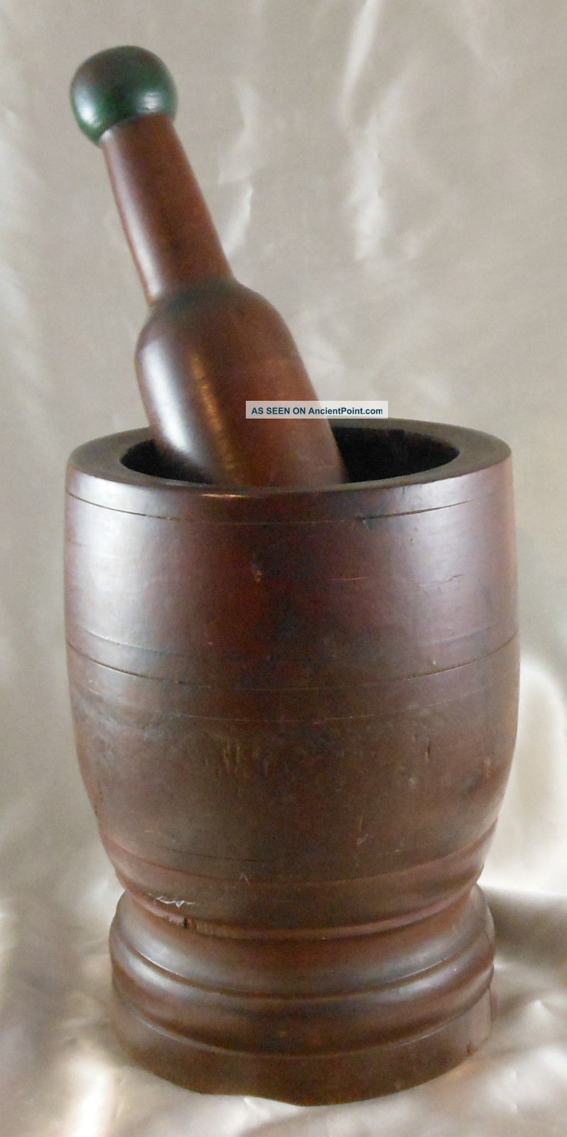 Great Heavy Early American Turned Wood Mortar & Pestle,  Red Wash,  Green Knob Primitives photo