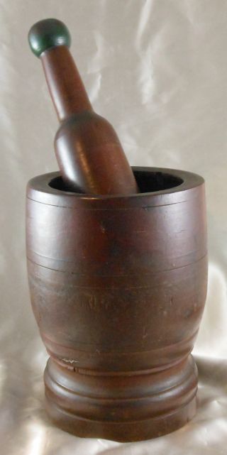 Great Heavy Early American Turned Wood Mortar & Pestle,  Red Wash,  Green Knob photo