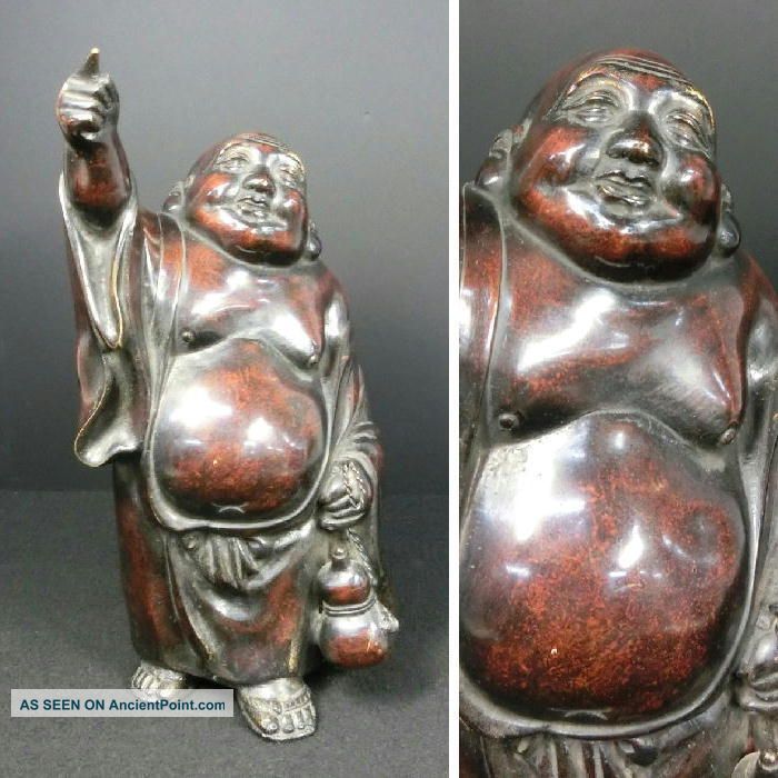 B331: Japanese Old Quality Copper Ware Budai Hotei Statue With Gourd. Statues photo