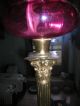 Antique Victorian Brass Corinthian Column Cranberry Glass Banquet Oil Lamp Lamps photo 3