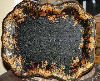 Early American Hand Painted Toleware Metal Tray Chippendale Black & Gold Florals photo