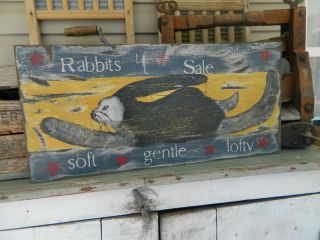 Primitive Folk Art Hand Painted Wood Sign Distressed Rabbits Sale Spring Easter photo