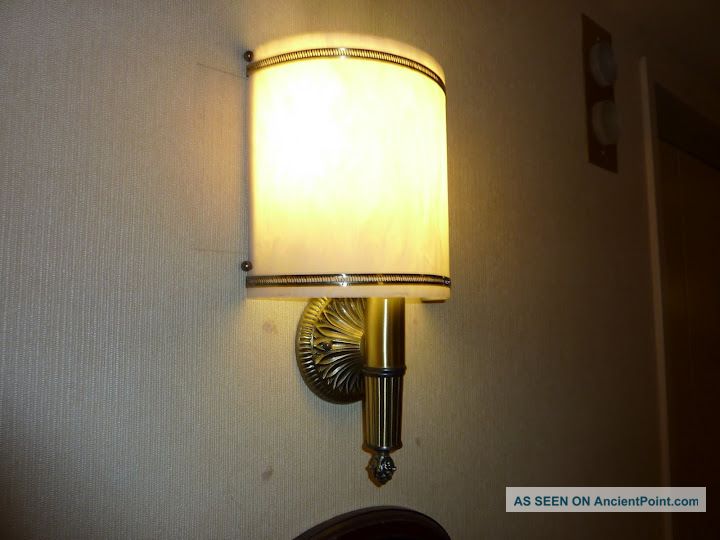 Qty.  Large Cast Brass Sconces Faux Linen Shade From Luxury Hotel,  Restaurant Chandeliers, Fixtures, Sconces photo