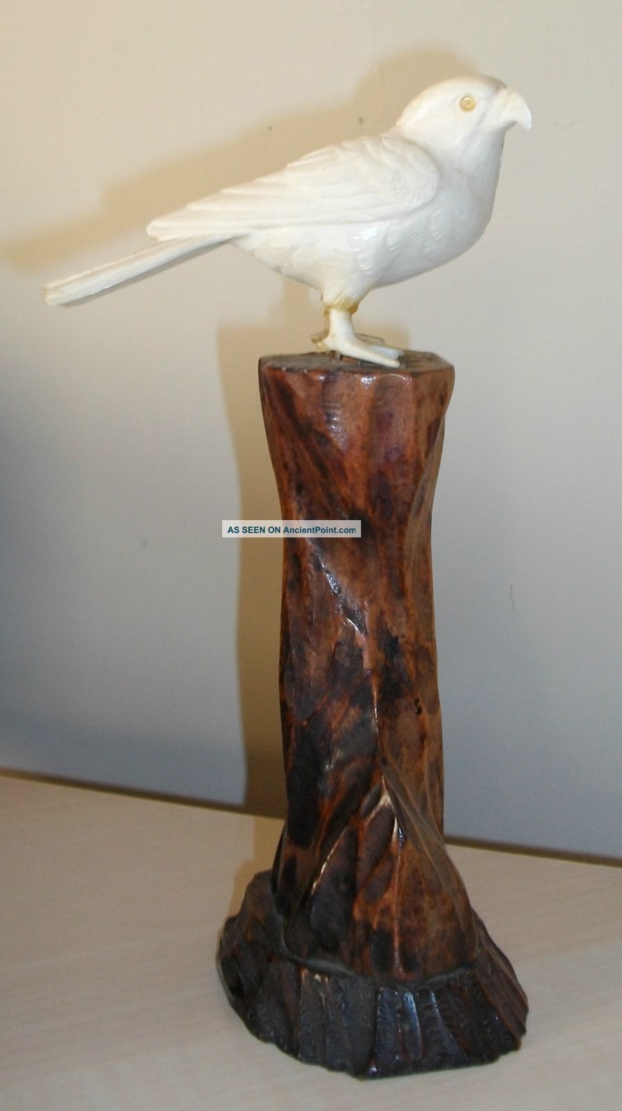 An Antique Oriental Finely Carved Faux Ivory Figure Of A Bird On Wooden Stand Ornaments photo