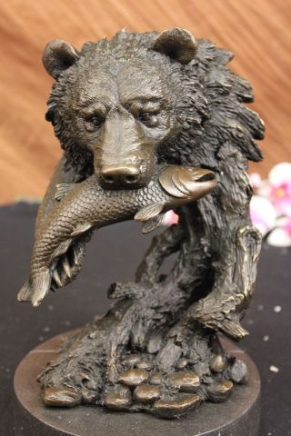 Young Bear With Catch Of The Day Bronze Sculpture Art Deco Marble Base Figurine photo