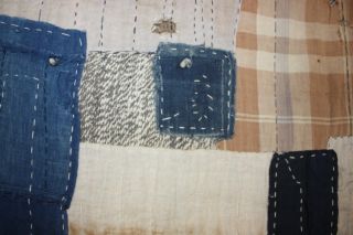 Apanese Antique Indigo & Sakiori Cotton Boro Tattered Sashiko Futon Cover photo