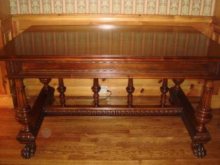 Antique Italian Style Walnut Library Table Carved Details Claw Feet photo