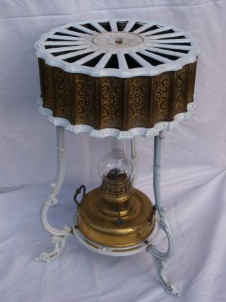 Antique French Oil Lamp & Heater.  Napoleon Iii / Victorian.  Enamel. photo