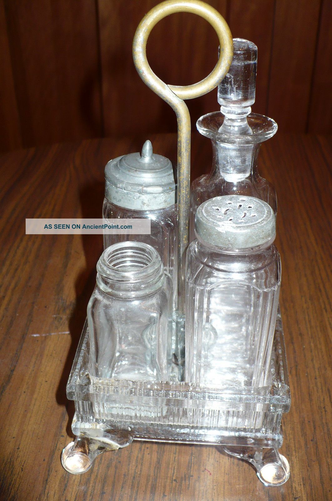 Antique Vintage Glass Caster Cruet Set With 4 Bottles Shakers & Metal Handle Other photo