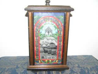 Antique Stained Glass Table Lamp In Wooden Frame. . photo