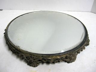 Antique Ornate Victorian Plateau Round Floral Footed Vanity Tray Beveled Mirror photo