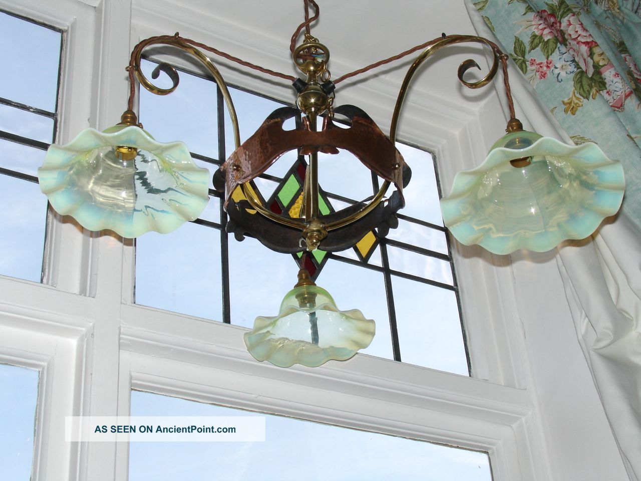Arts & Crafts Nouveau Copper Brass Ceiling Light Chandelier And Vaseline Shades Arts & Crafts Movement photo