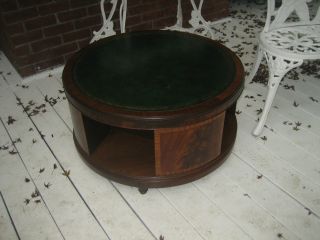Antique Mahogany Leather Top Rotating Cocktail Table photo