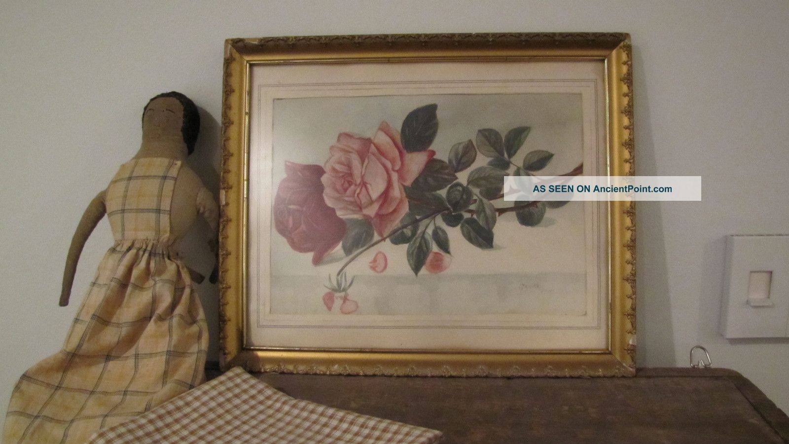 C 1910 Signed Shabby Pink Roses Floral Watercolor Drawing Painting Chic Picture Other photo