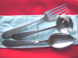 Tiffany Sterling Faneuil 3pc Serving Set Fork/spoon/gravy Ladle W/pouch Mint photo
