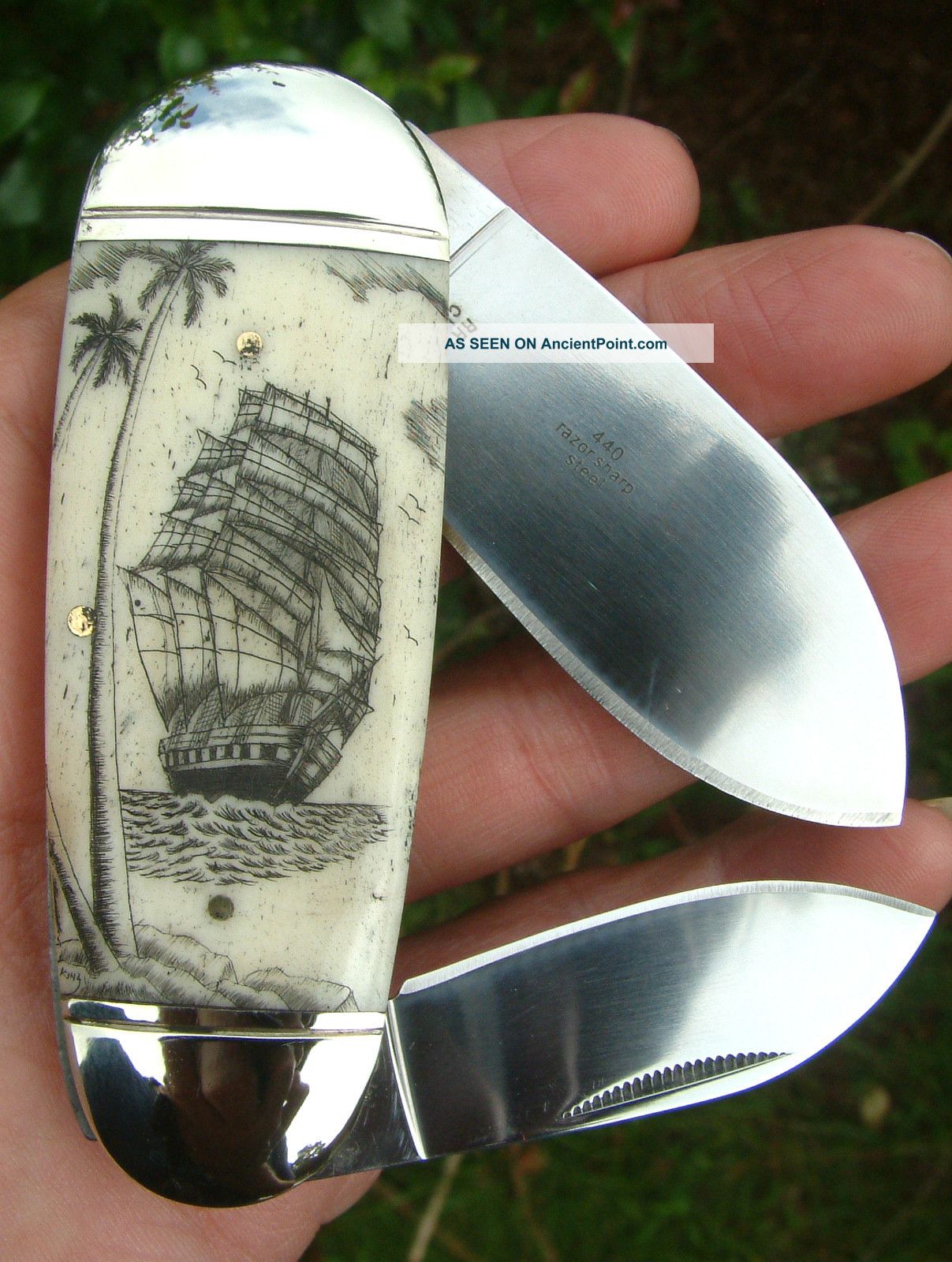 Nautical Scrimshaw,  Tall Ship,  Palm Trees,  2 Blade Folding Knife/knives Scrimshaws photo