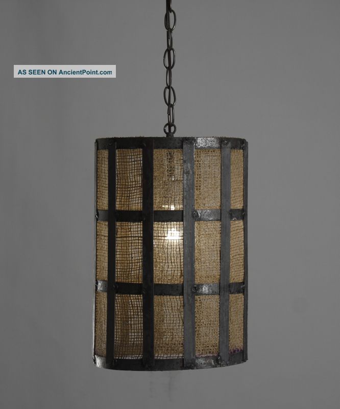 Chic Shabby Medieval Burlap/metal Hanging Light,  10  Diam X 15  Tall. Chandeliers, Fixtures, Sconces photo