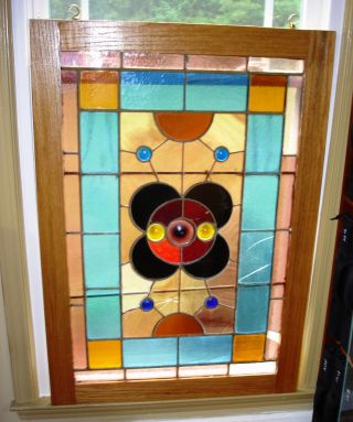 Antique Pair Large 1870’s Leaded Stained Glass Jeweled Windows photo