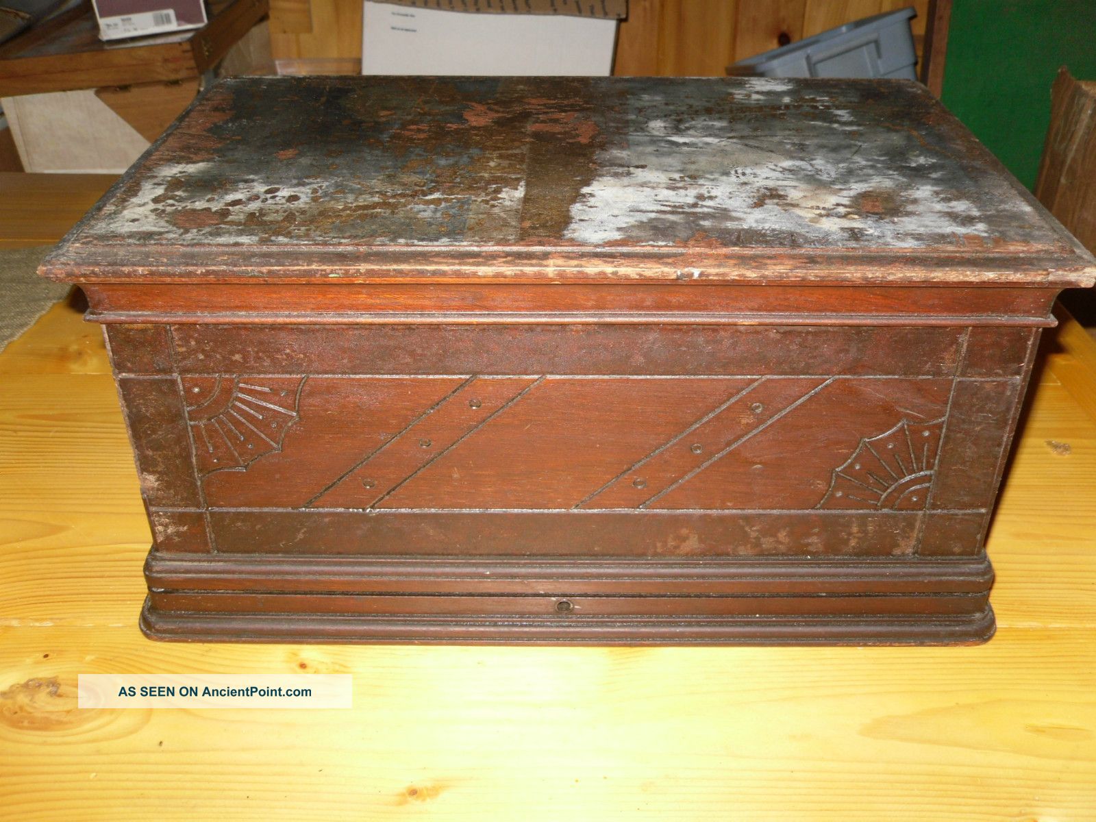 Antique Treadle Sewing Machine Cherry Cabinet Coffin Cover Top Sewing Machines photo