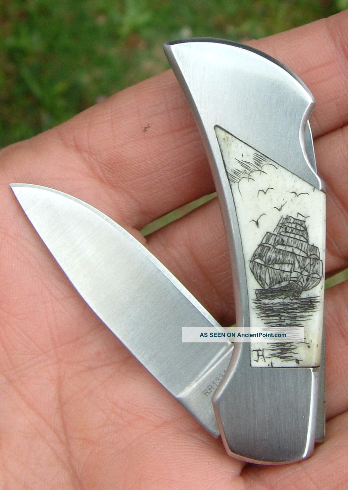 , Hand - Etched,  Scrimshaw Art,  Tall Ship,  Lockback,  Folding Knife/knives Scrimshaws photo
