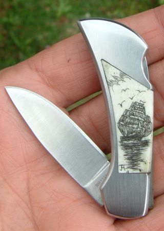 , Hand - Etched,  Scrimshaw Art,  Tall Ship,  Lockback,  Folding Knife/knives photo