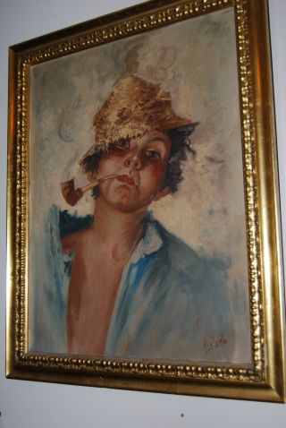 19th Century Victorian Oil On Canvas Female Hobo With Cob Pipe Signed photo