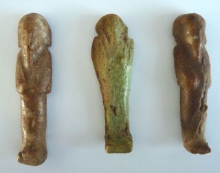 Two Egyptian Brown Osiriform Ushabti Shabtis,  One Green Mummiform Shabti photo
