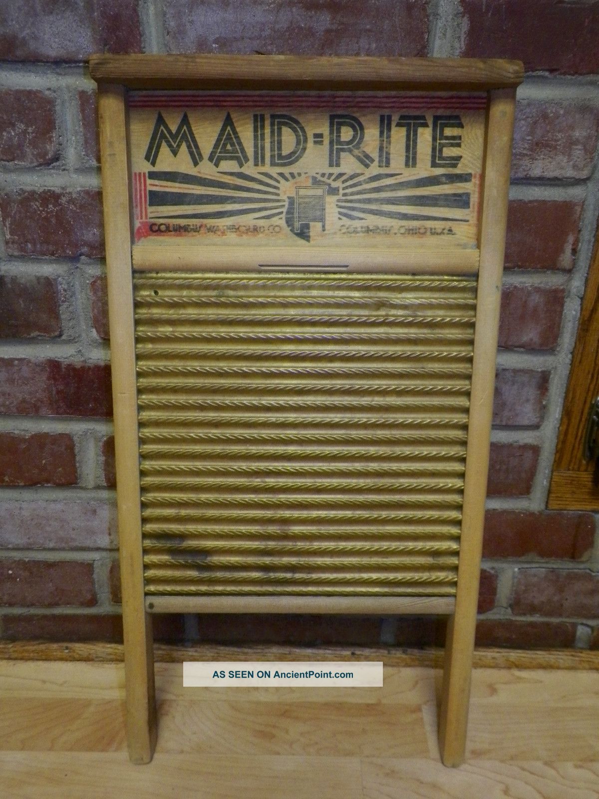 Antique Maid Rite Columbus Brass Washboard Primitive Wood Other photo