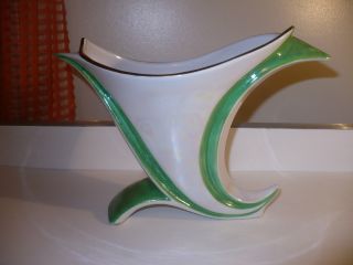 Vinatge Art Deco Green White Luster Gold Gilt Cornucopia Fan Vase 676 Italy photo