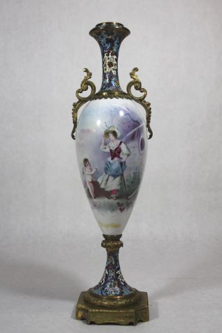 Antique 19thc Porcelain Painting French Champleve Enamel,  Gilt Bronze Ormolu Urn photo