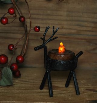 Primitive Reindeer Candle Holder Set Battery Operated Brnt Mustard Tea Light photo