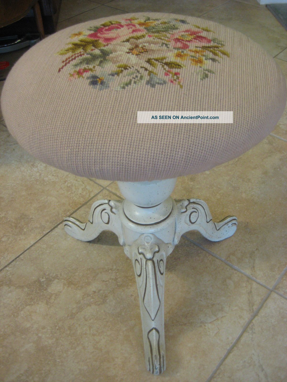 Old Vintage Cross Stitch Wooden Piano Stool W/3 Metal Legs - Painted White,  18 